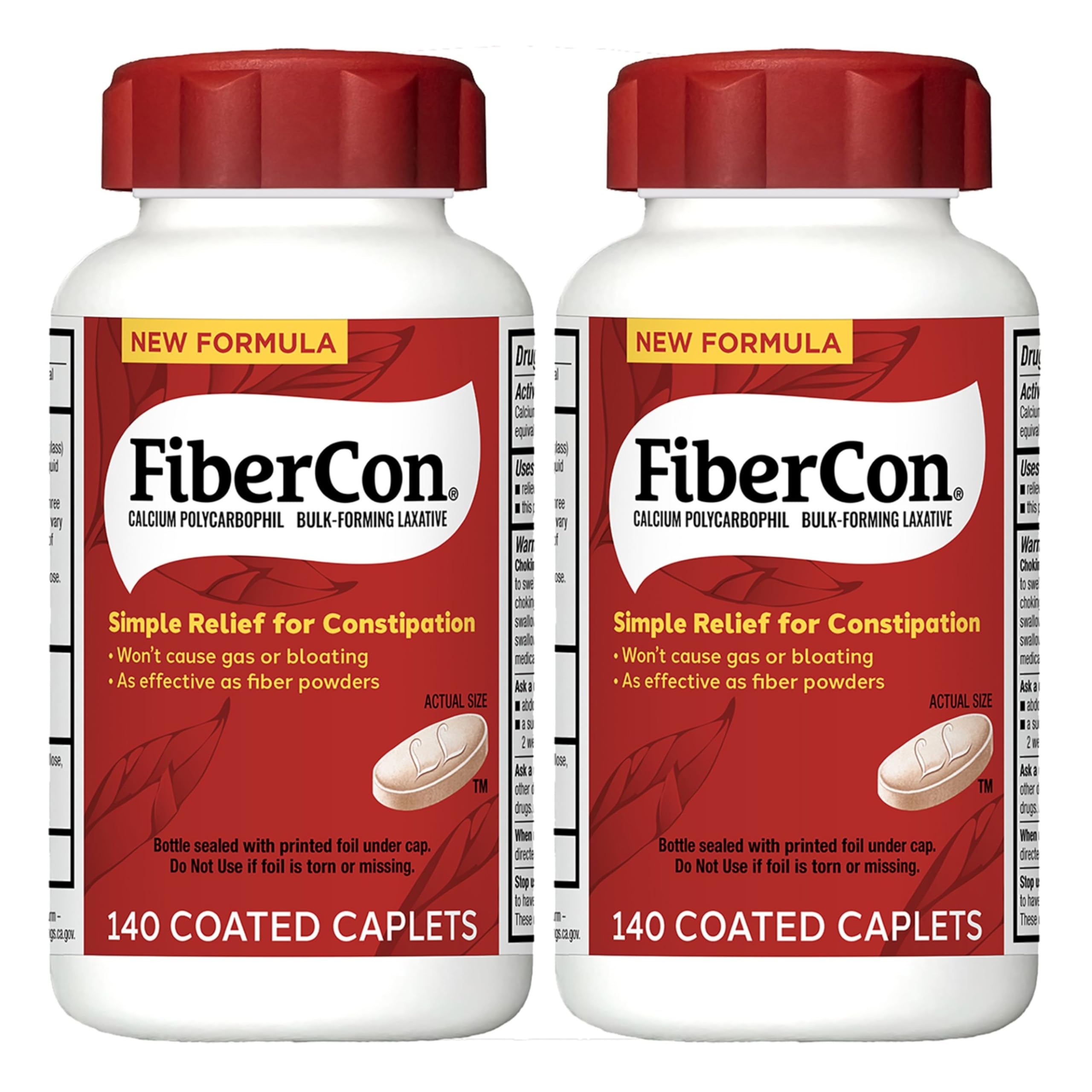 FiberCon coated caplets bottle showing an easy to swallow option for constipation relief
