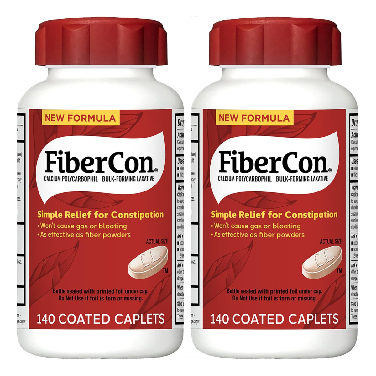 FiberCon coated caplets bottle showing an easy to swallow option for constipation relief