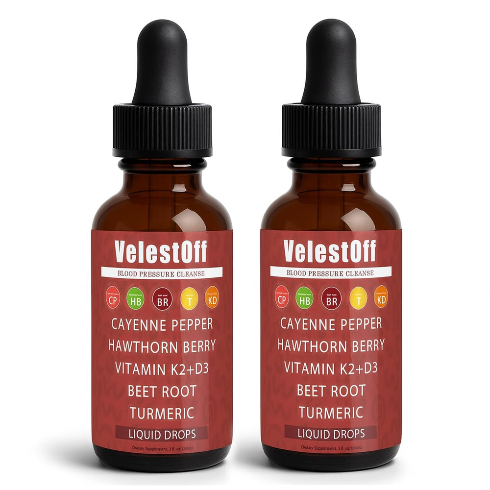 Fibosara Velestoff Cayenne Drops bottle on white background emphasizing convenience and fast absorption
