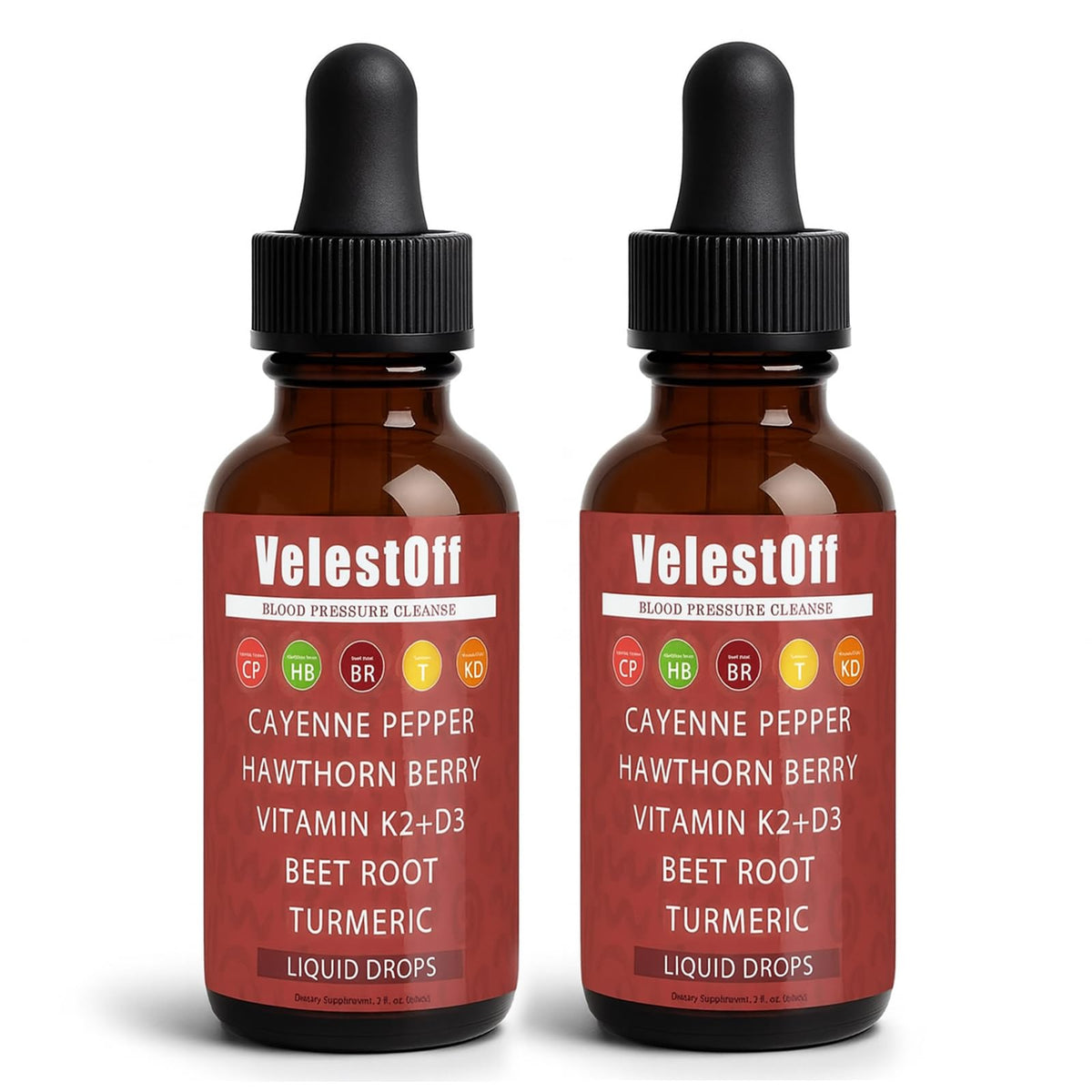 Fibosara Velestoff Cayenne Drops bottle on white background emphasizing convenience and fast absorption