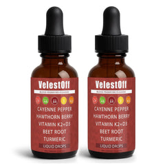 Fibosara Velestoff Cayenne Drops bottle on white background emphasizing convenience and fast absorption