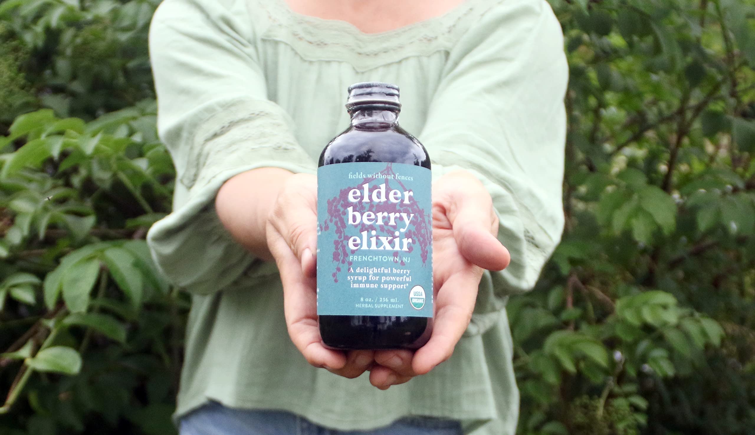 Fields Without Fences Elderberry Elixir 8 oz amber glass bottle for a home-ready supplement.