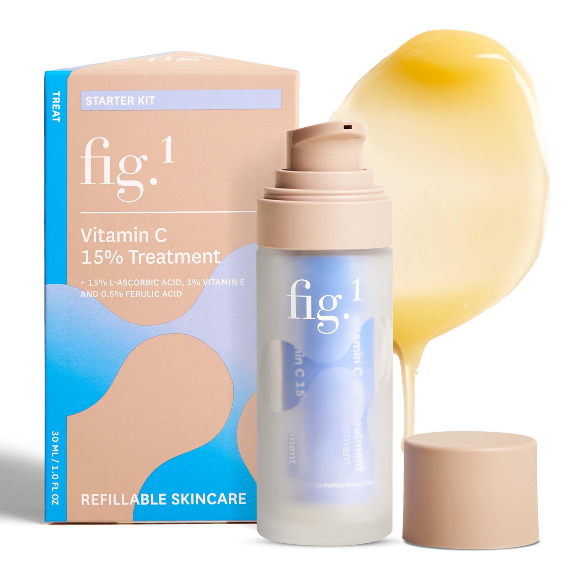 Fig.1 Vitamin C 15% serum bottle pour showing fast-absorbing hydration for all skin types