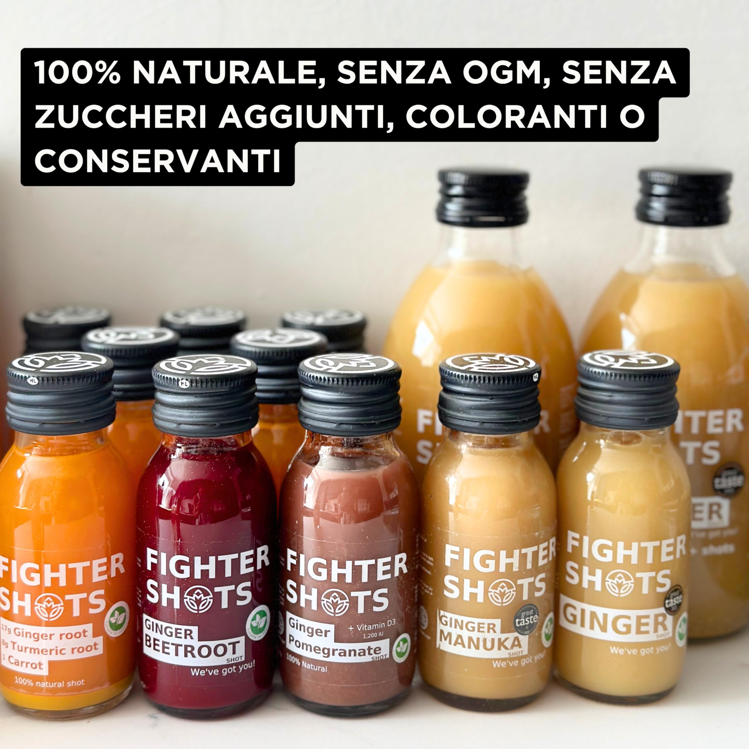 Fighter Shots amber glass bottle emphasizes eco friendly packaging.