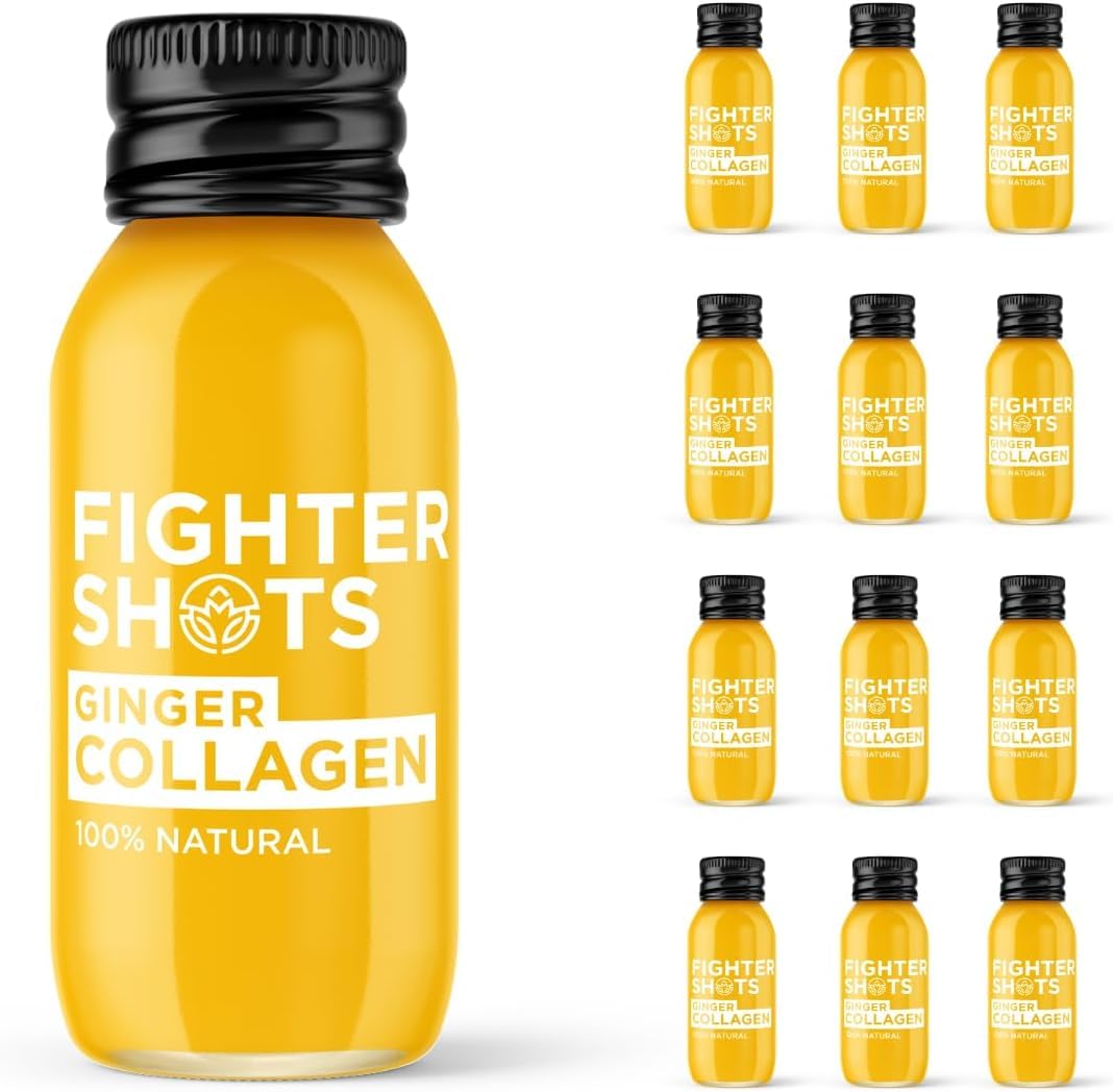 Fighter Shots Ginger Marine Collagen Shot bottle on wooden surface for radiant skin