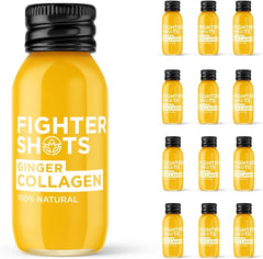 Fighter Shots Ginger Marine Collagen Shot bottle on wooden surface for radiant skin