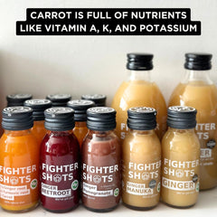 Fighter Shots ginger turmeric bottle closeup emphasizes bold flavors for quick energy.