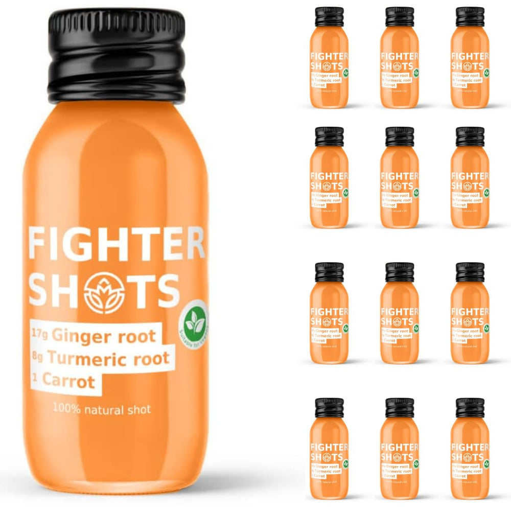 Fighter Shots ginger turmeric bottle showing a fresh, antioxidant-rich wellness moment.