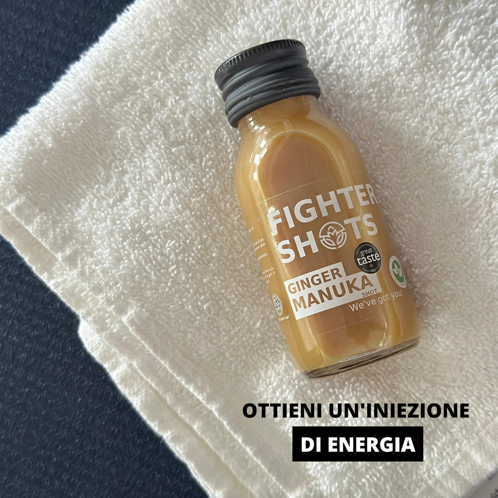 Fighter Shots morning ritual setup with shot on desk.