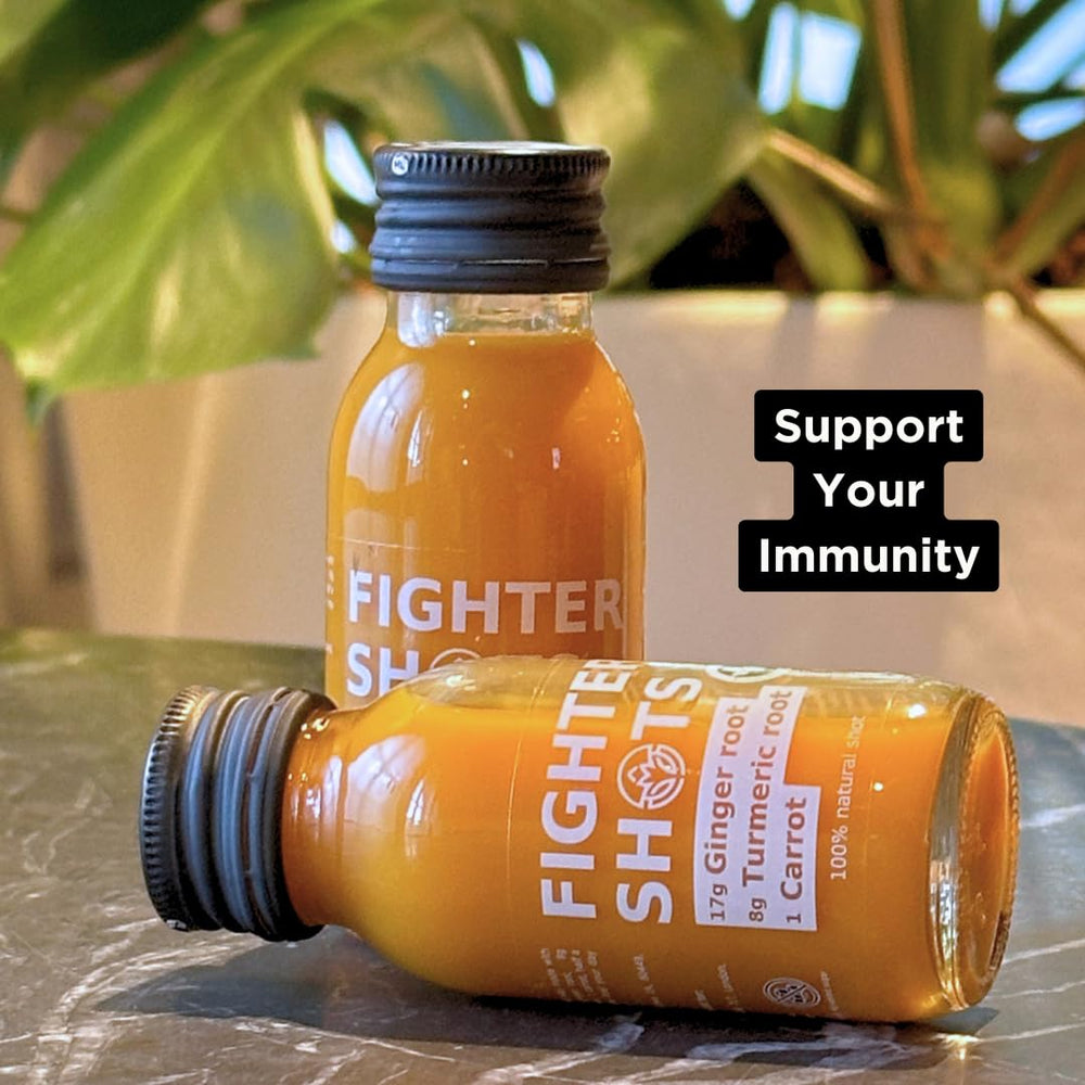 Fighter Shots organic turmeric roots indicate bold, antioxidant-rich flavor.