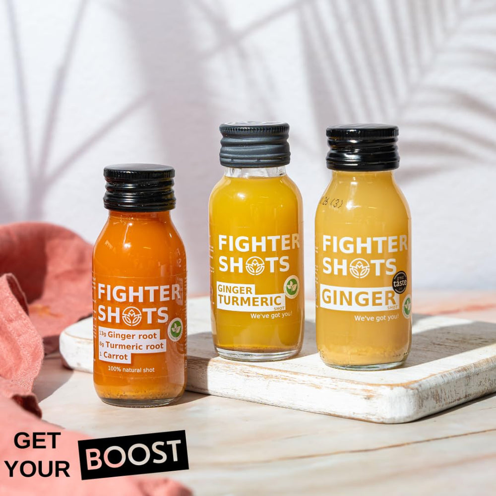 Fighter Shots recyclable glass pack emphasizes sustainable packaging.
