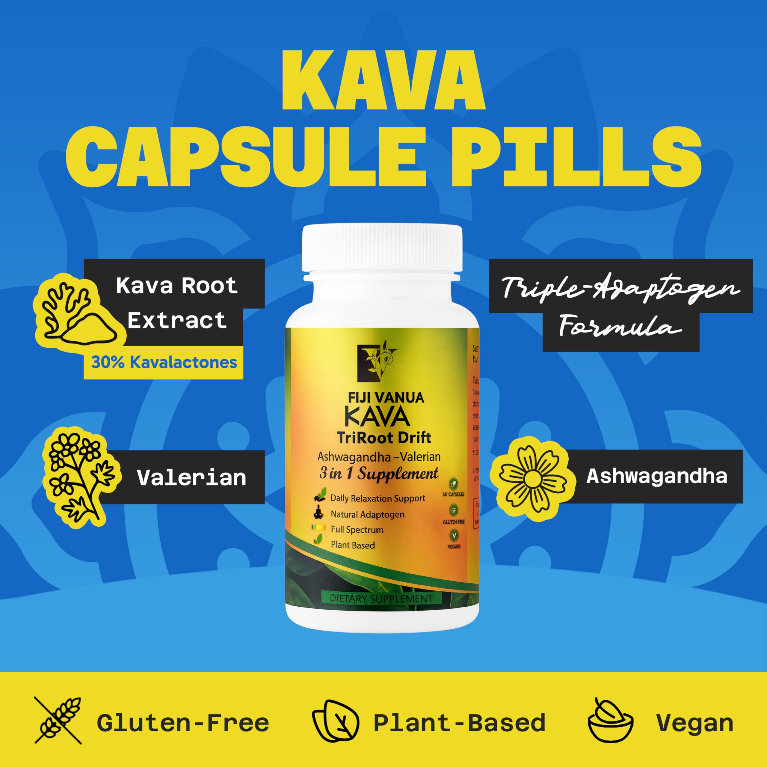 Fiji Vanua Kava capsules closeup with 200mg extract and 30% kavalactones.
