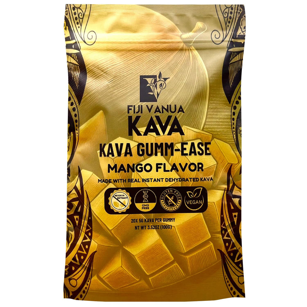 Fiji Vanua Kava GUMM-Ease mango gummies, ready for on-the-go relaxation.