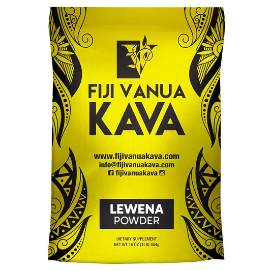 Fiji Vanua Kava Lewena Powder front packaging, signaling premium smooth brew