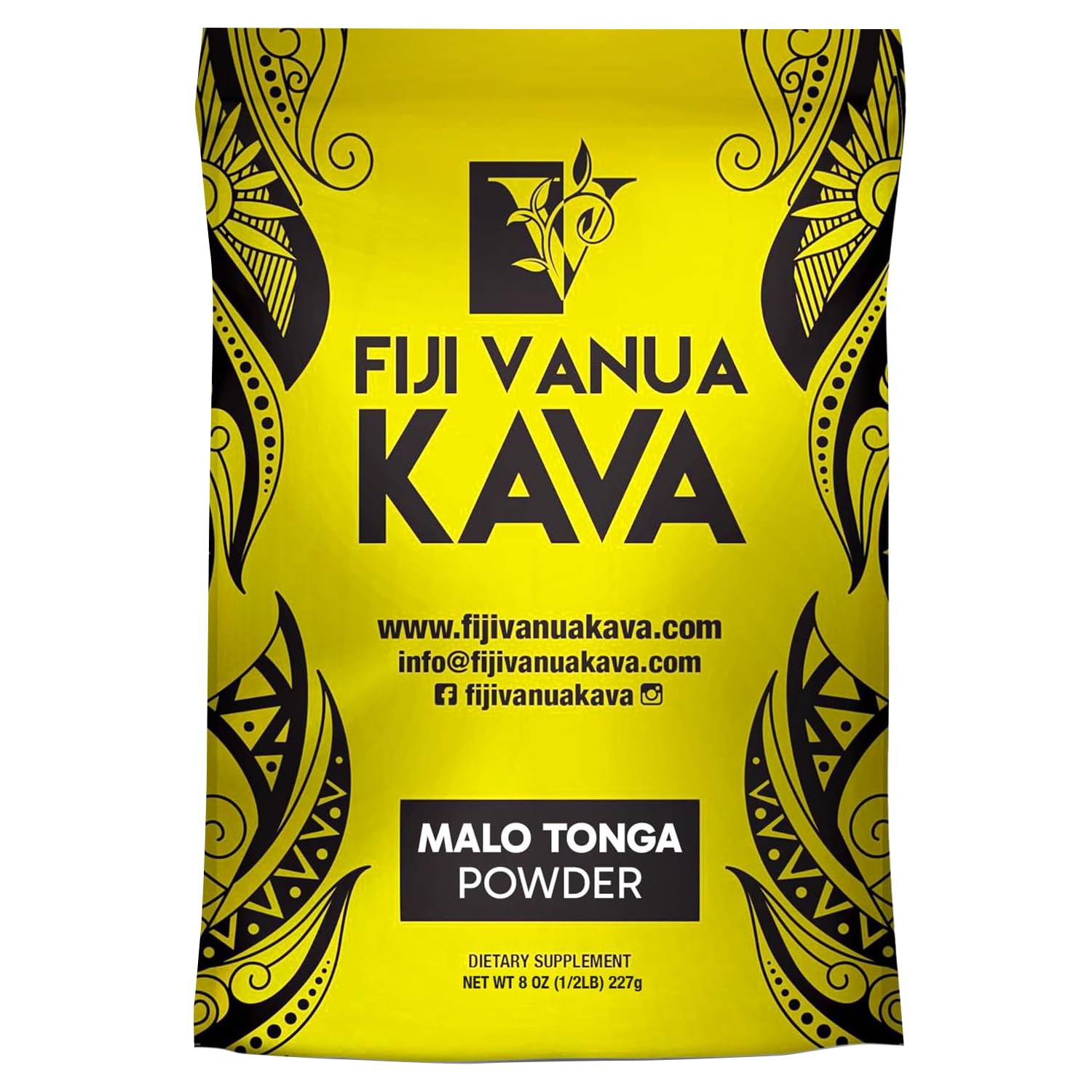 Fiji Vanua Kava Malo Tonga drink powder in bottle highlights premium ingredients for ritual-like relaxation.