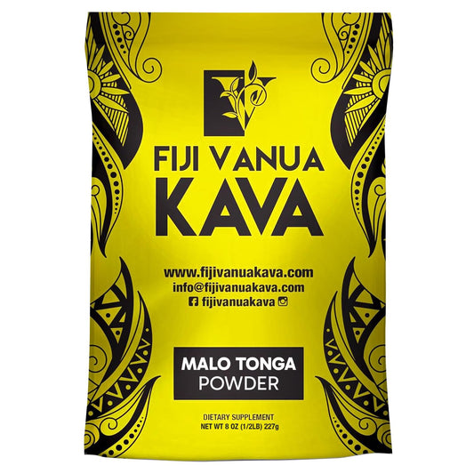 Fiji Vanua Kava Malo Tonga drink powder in bottle highlights premium ingredients for ritual-like relaxation.