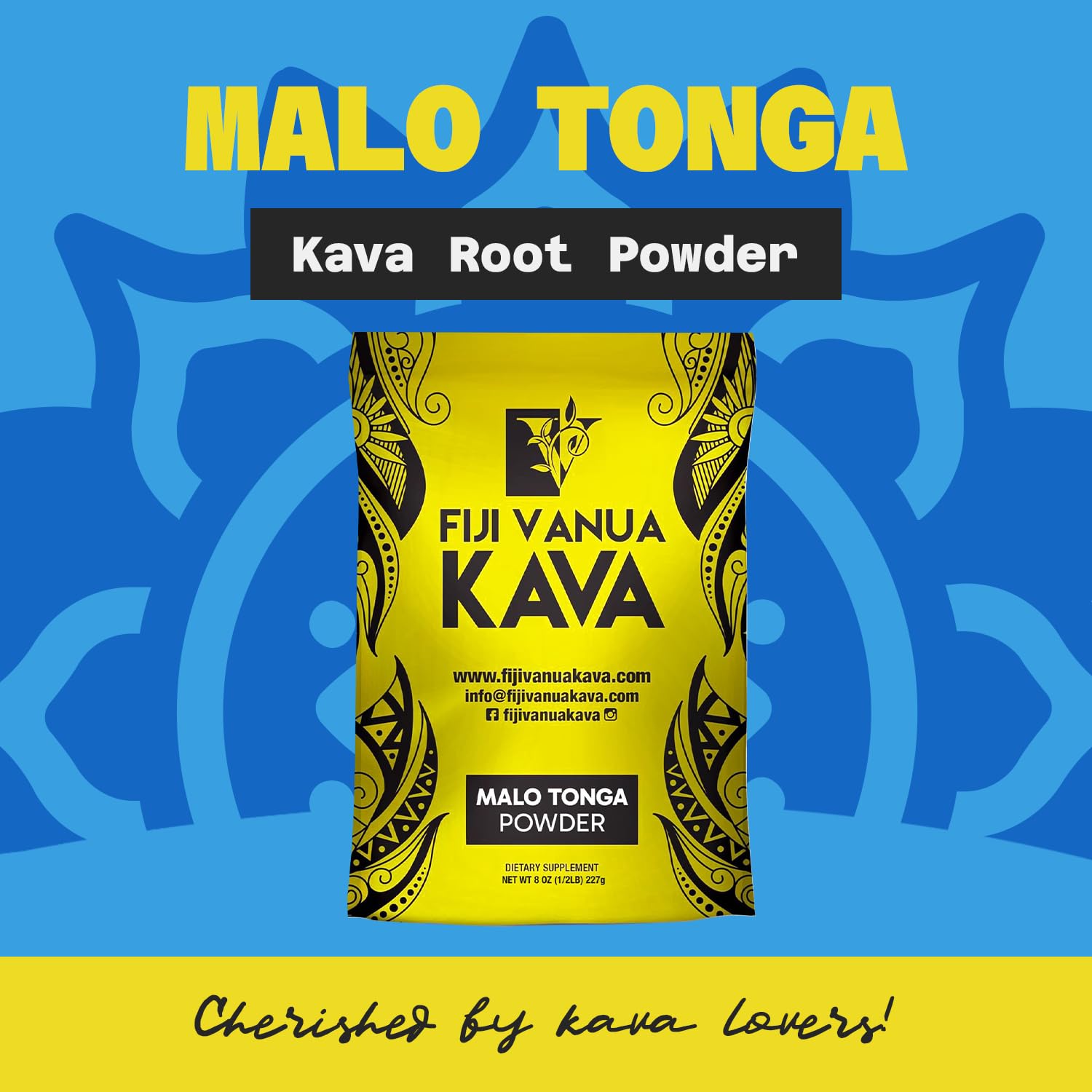 Fiji Vanua Kava Malo Tonga medium grind powder ready for traditional strainer brewing.