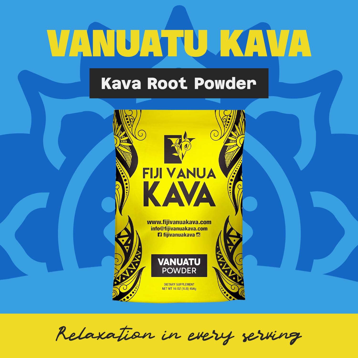 Packaging of Fiji Vanua Kava Vanuatu powder highlighting noble kava content