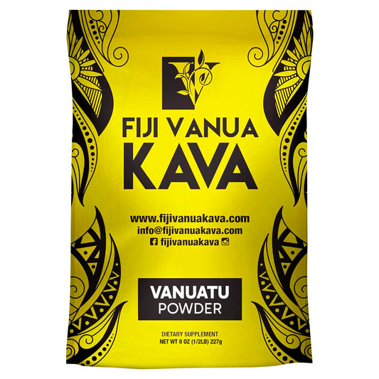 Fiji Vanua Kava Vanuatu Powder packaging highlighting premium noble kava for relaxing evenings.