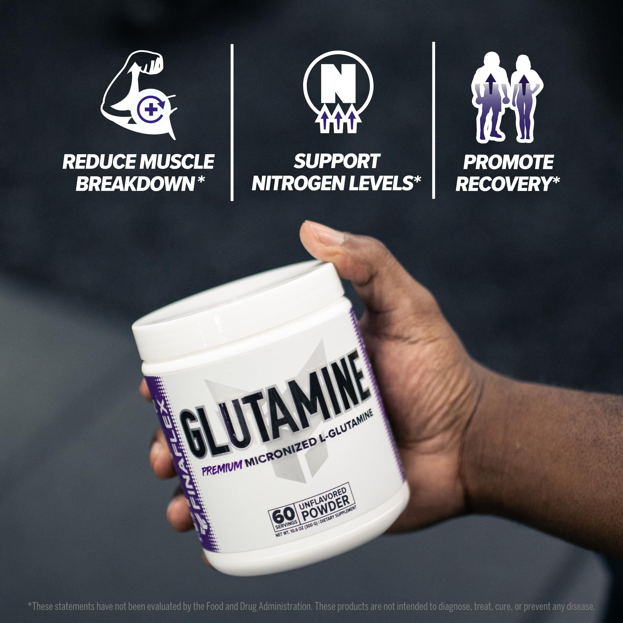 FINAFLEX Pure Glutamine label close-up highlighting 100% pure L-glutamine.