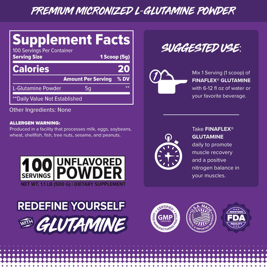 FINAFLEX Pure Glutamine powder scoop shows convenient post-workout support.