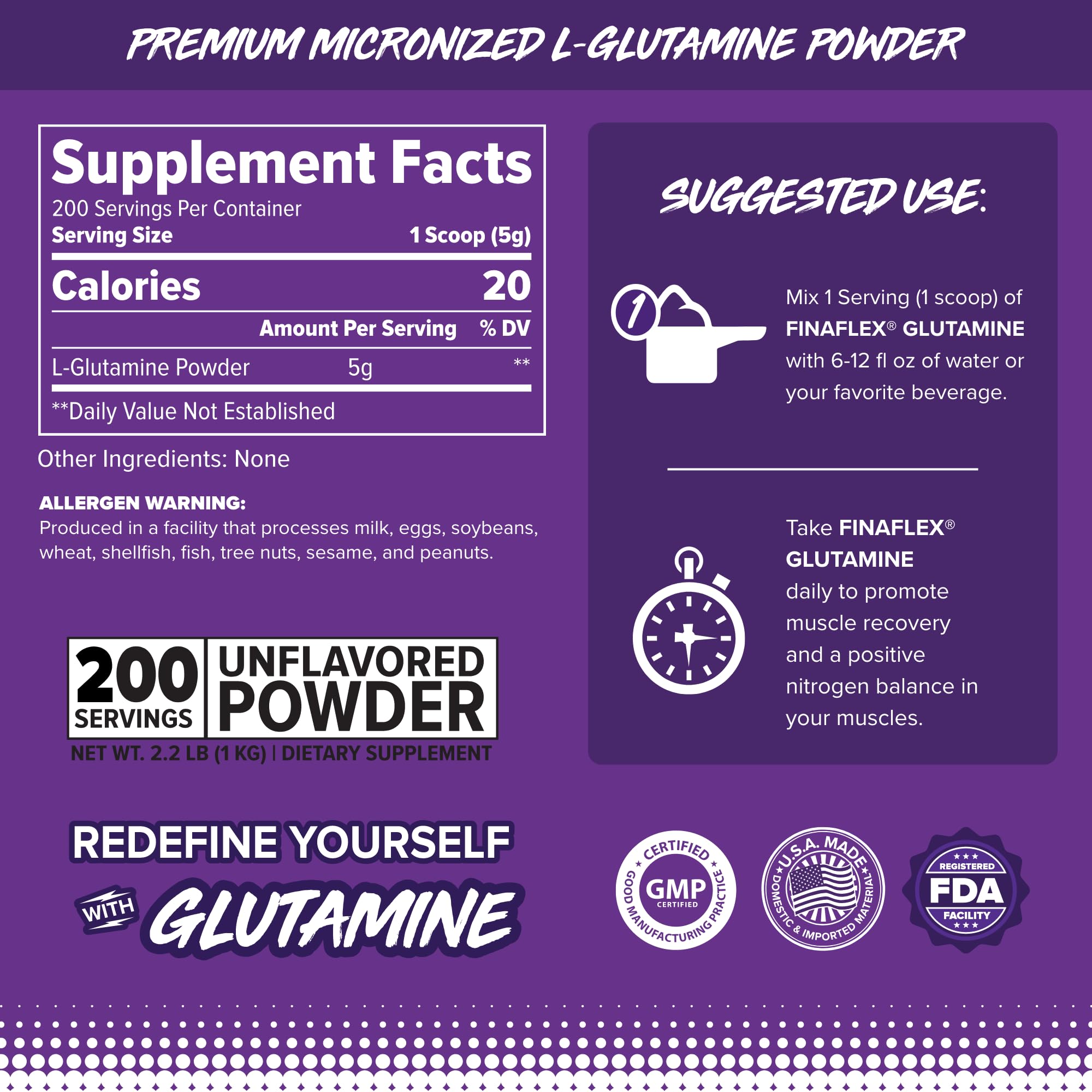 FINAFLEX Pure Glutamine scoop showing convenient post-workout serving.