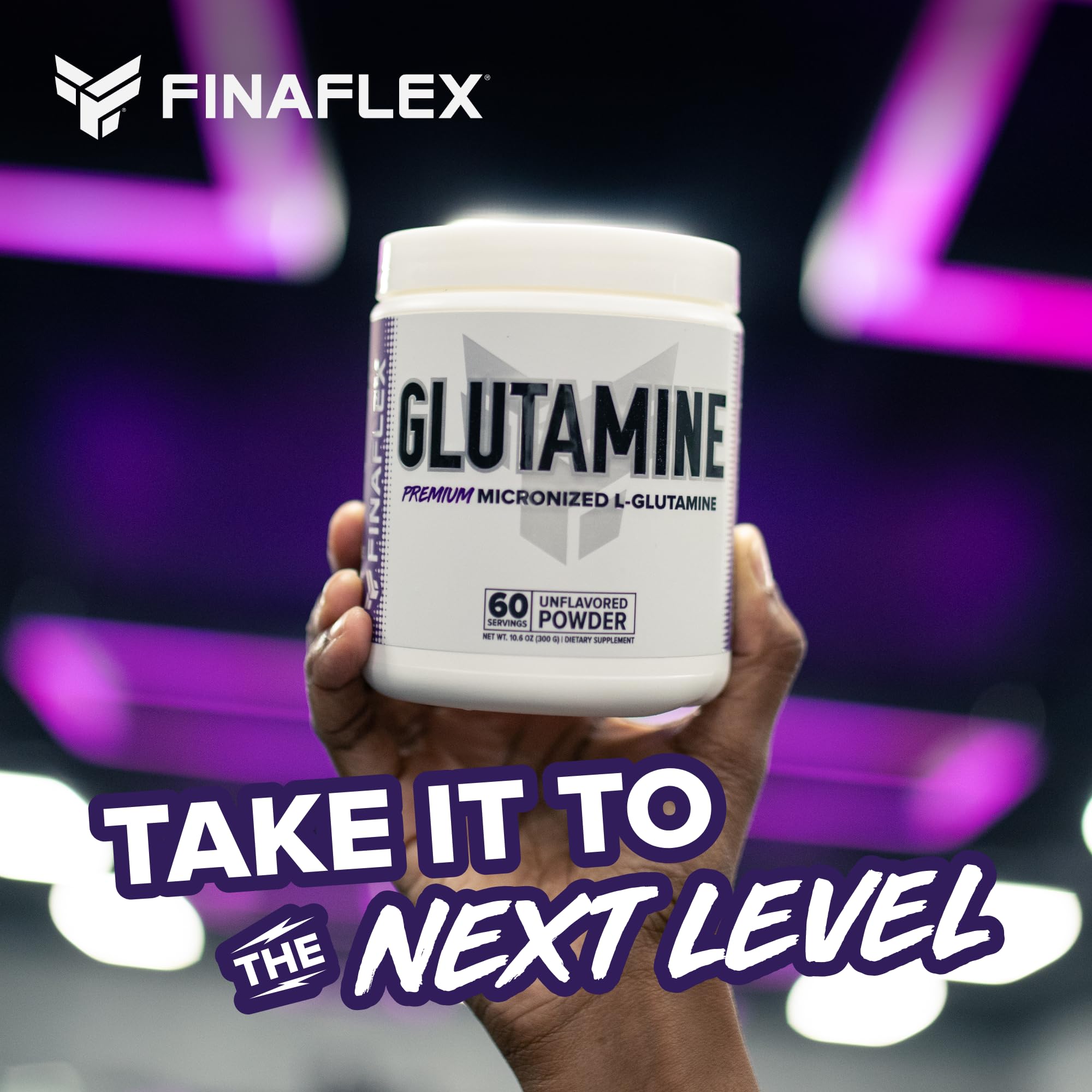 FINAFLEX Pure Glutamine texture close-up communicates premium, filler-free formula.