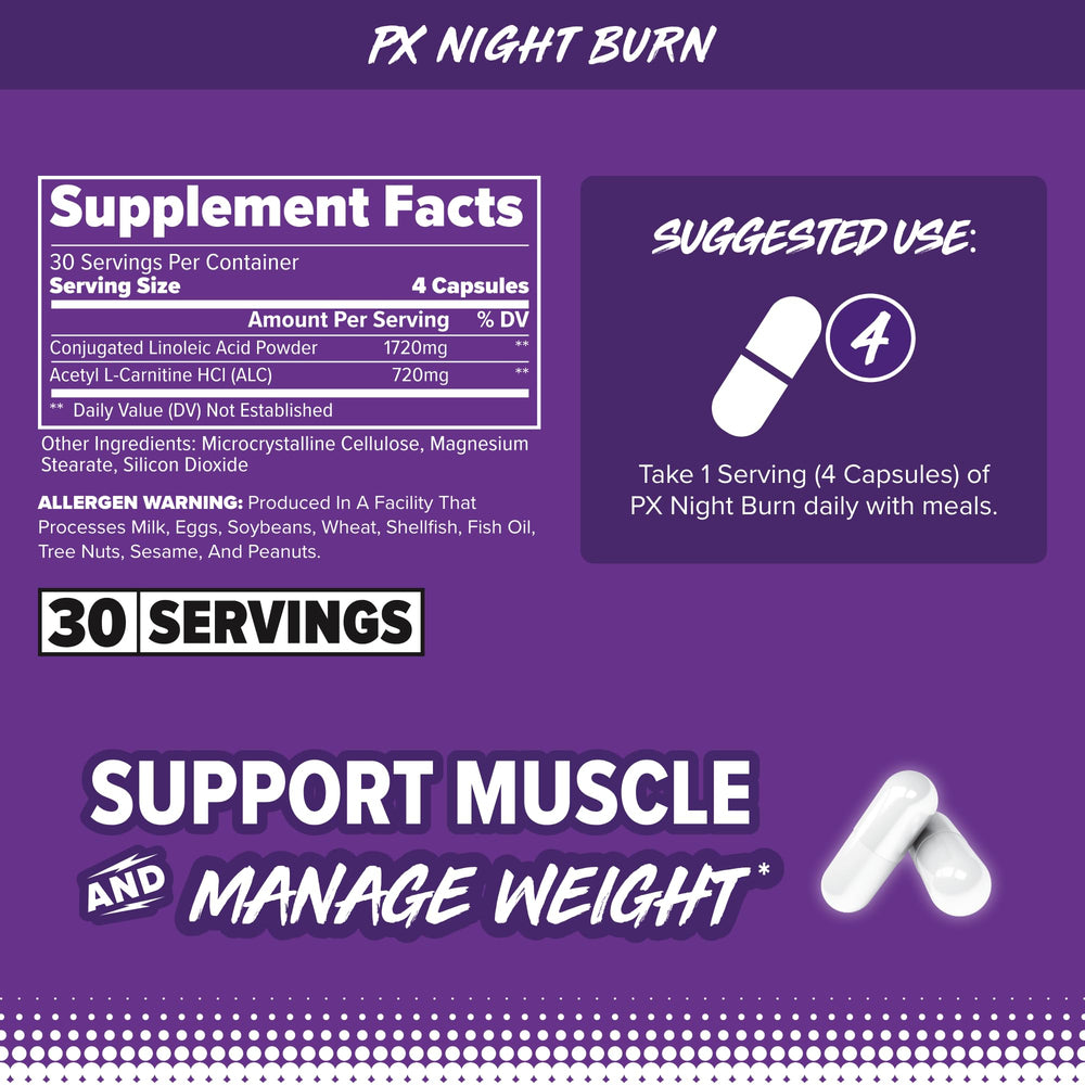 Capsules of FINAFLEX PX NIGHT BURN ready for a late-day routine and lean-shape support