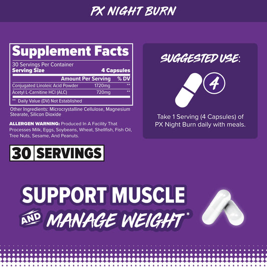 Capsules of FINAFLEX PX NIGHT BURN ready for a late-day routine and lean-shape support