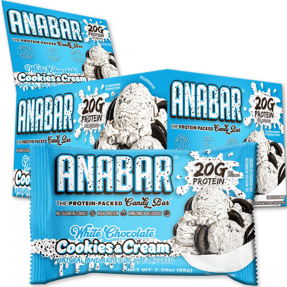 FINAL BOSS ANABAR White Chocolate Cookies and Creme bar product shot, high protein snack for active days.