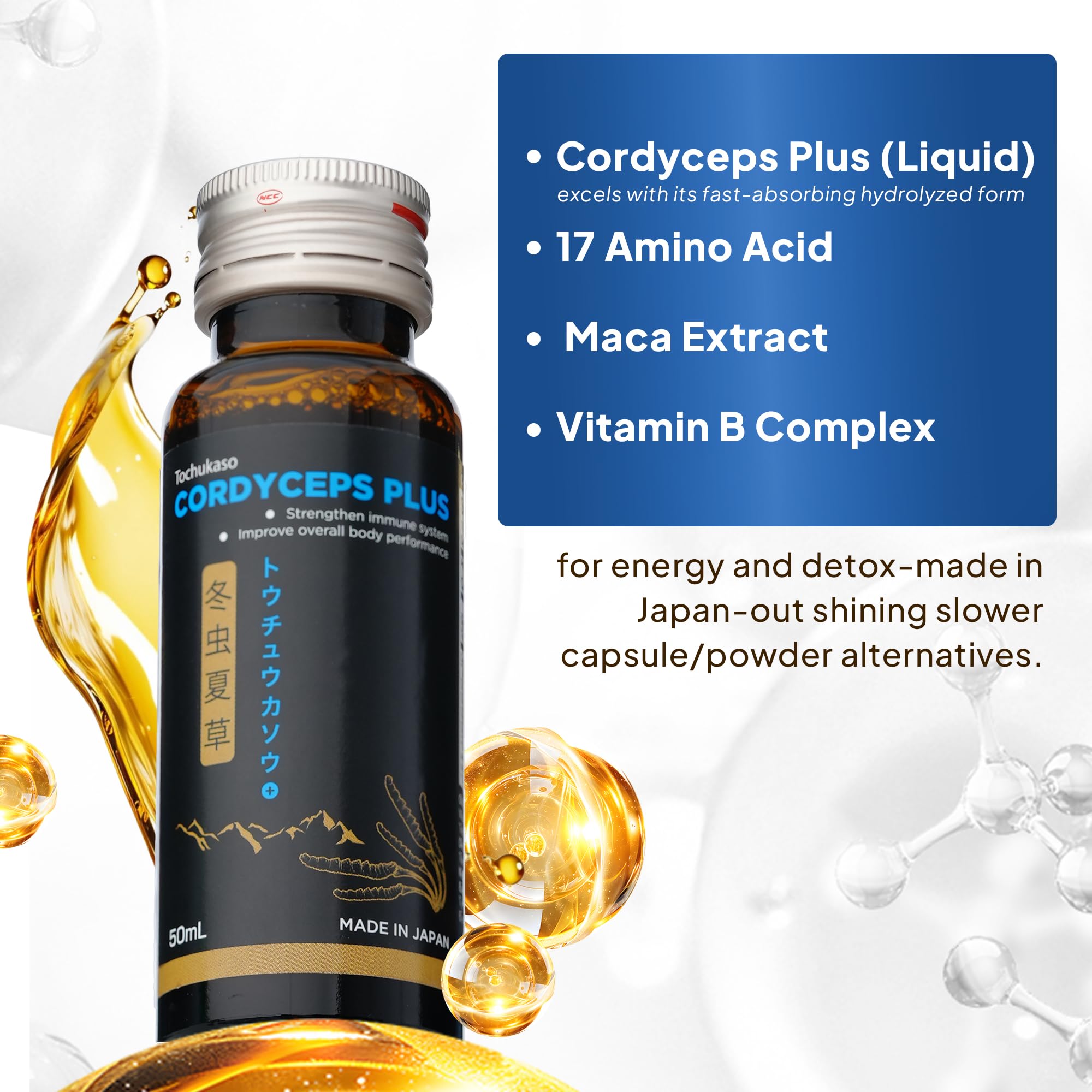 Drops being added to a beverage with Cordyceps Plus for easy use
