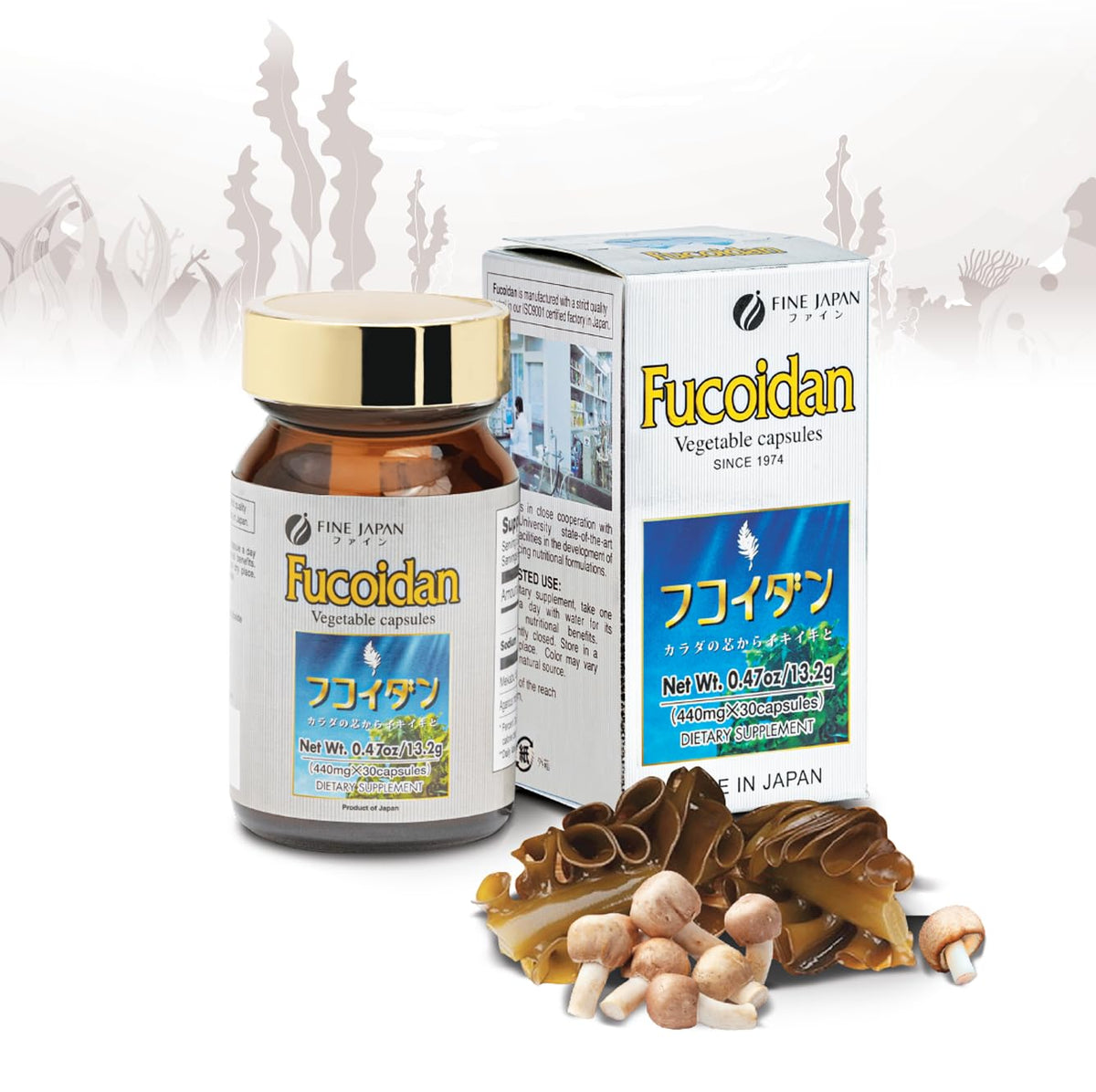Fine Japan fucoidan capsules bottle with label for daily wellness
