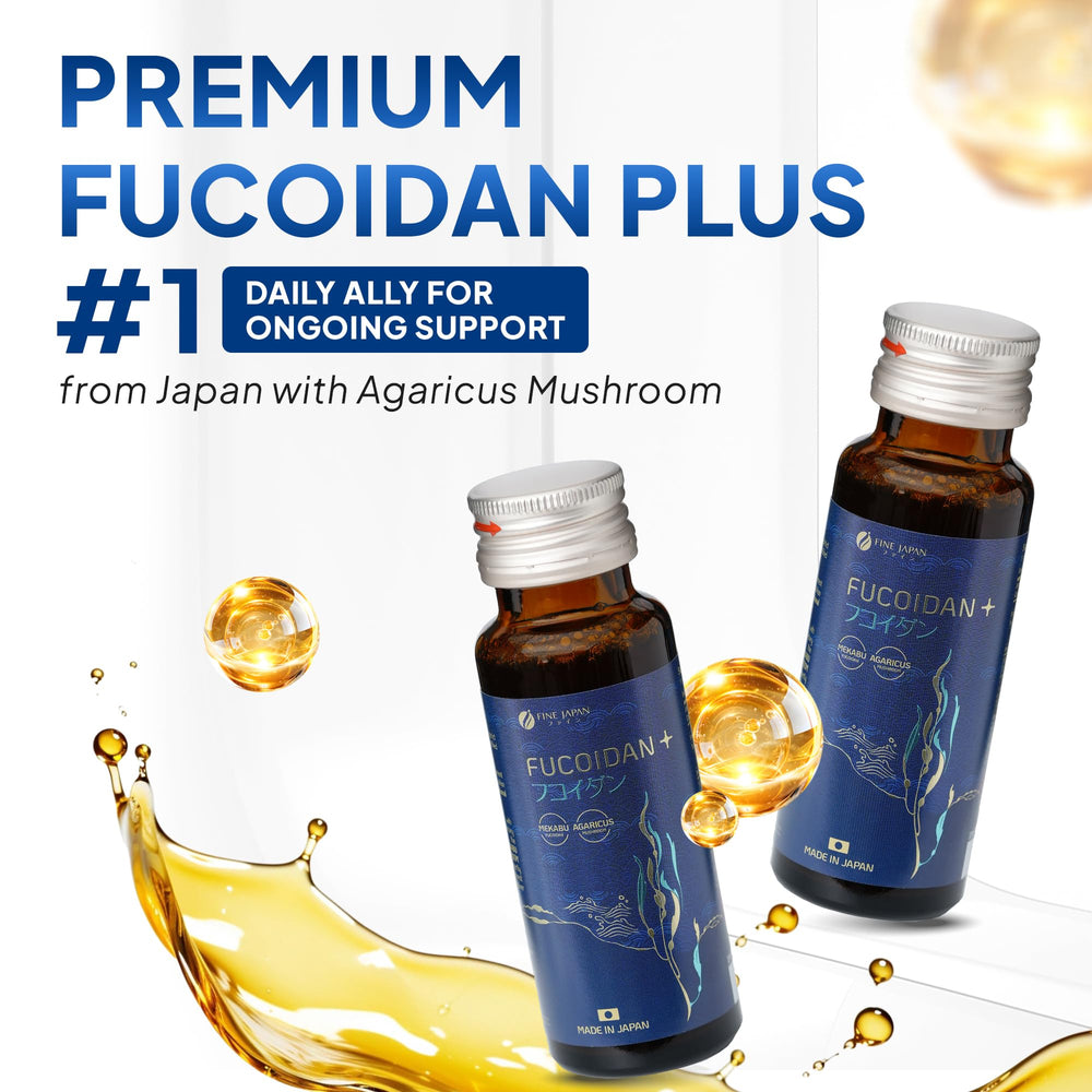 FINE JAPAN Fucoidan Plus Drink bottle-closeup highlights premium Japanese botanicals for daily wellness