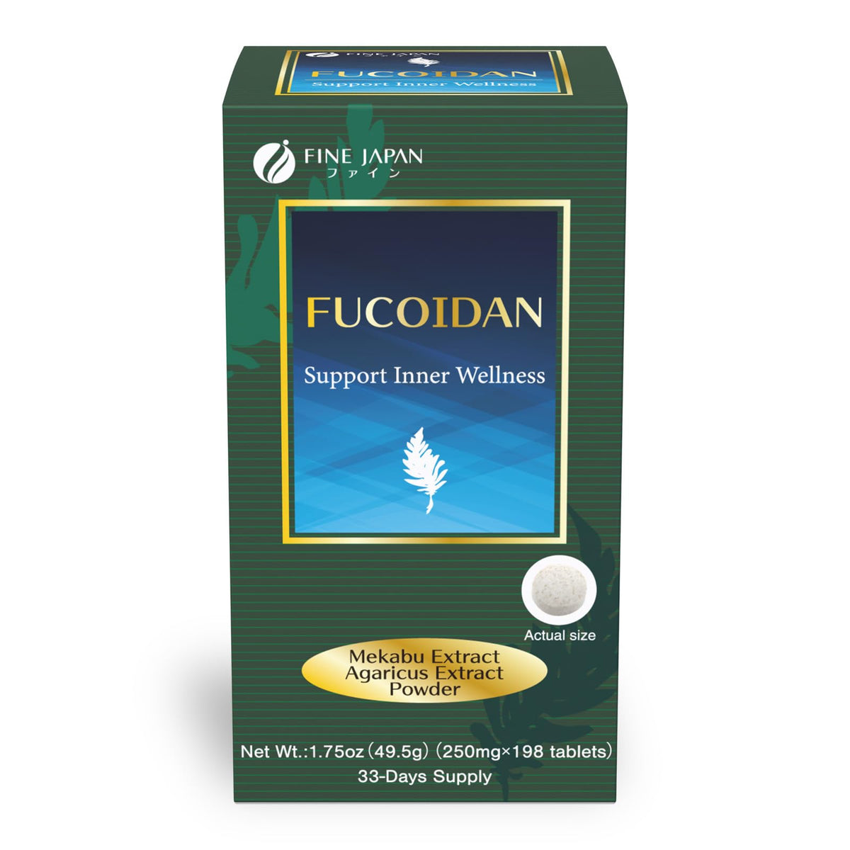 FINE JAPAN Fucoidan bottle front highlights daily vegetarian kelp support.