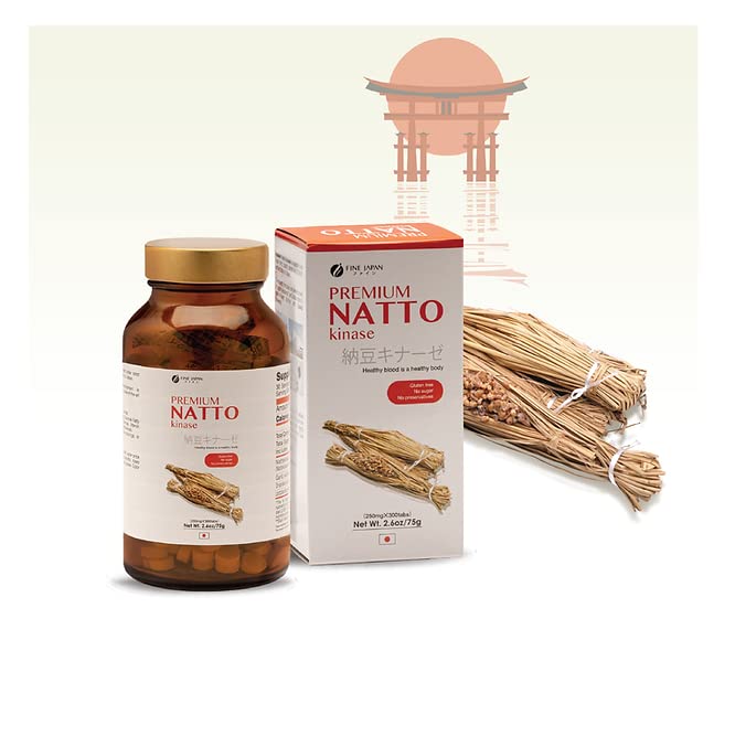 Fine Japan nattokinase tablets 250mg close-up; vegan, gluten-free formulation for heart wellness.