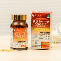 FINE JAPAN Nattokinase 6000FU packaging emphasizes non-GMO ingredients where possible.