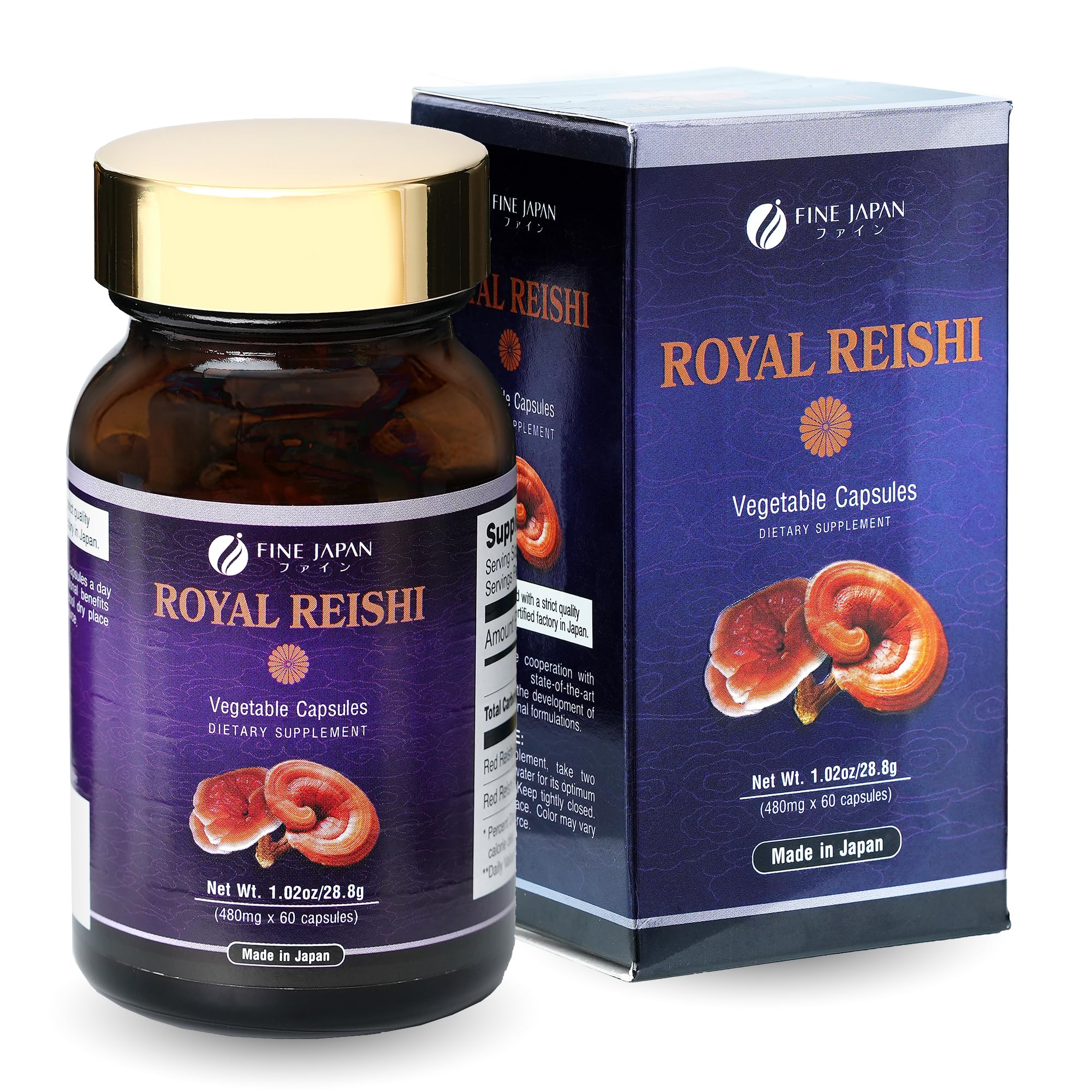 FINE JAPAN Royal Reishi capsules bottle supports daily wellness with organic extract