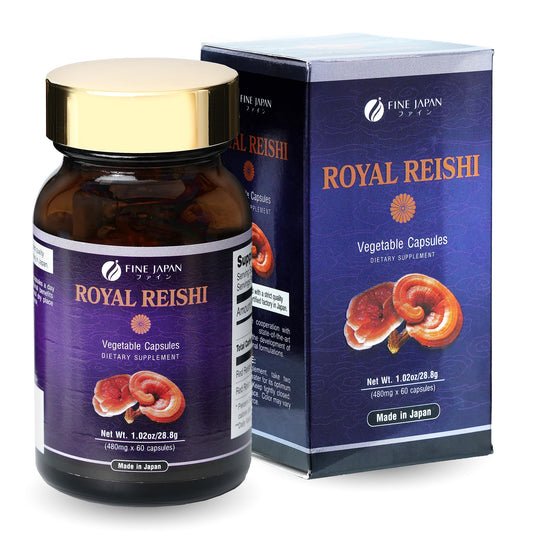 FINE JAPAN Royal Reishi capsules bottle supports daily wellness with organic extract