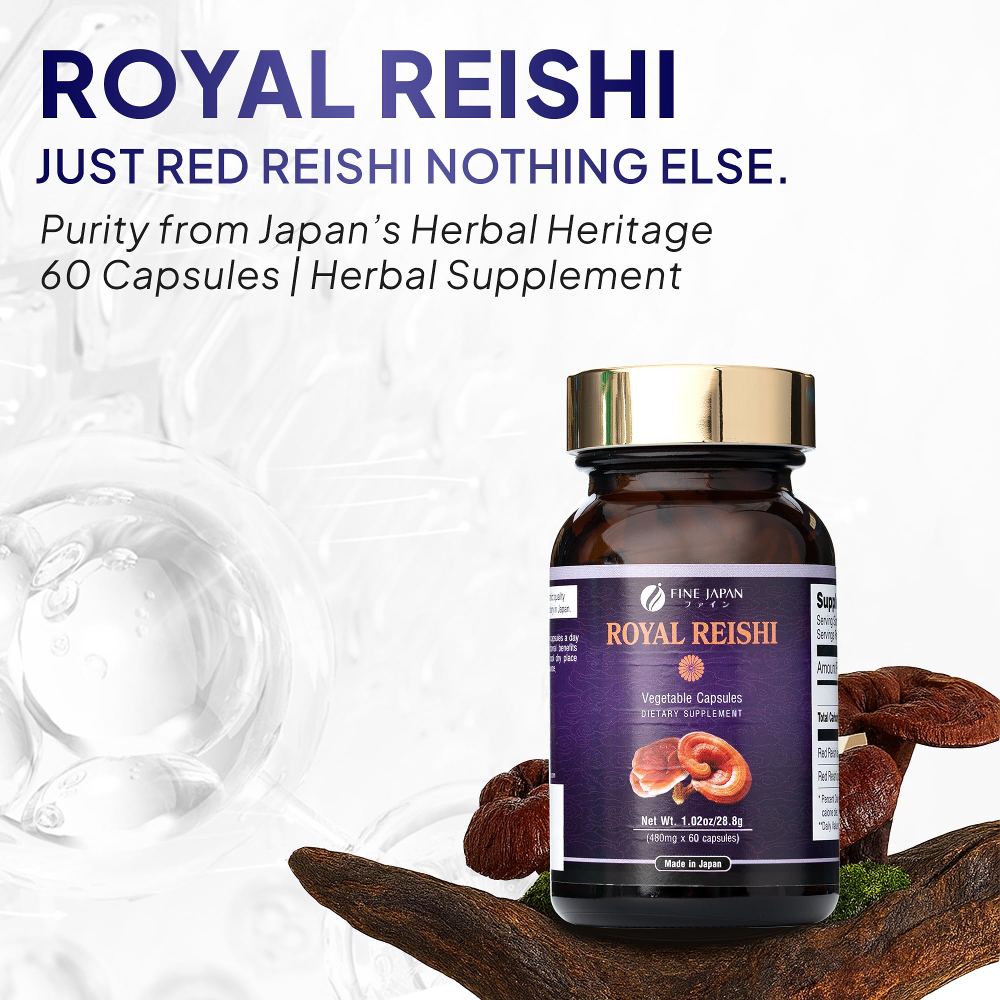 FINE JAPAN Royal Reishi label shows organic formula for purity