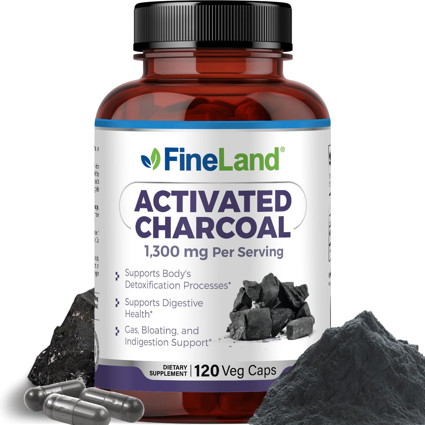 FineLand Activated Charcoal 1300mg bottle for occasional gas relief