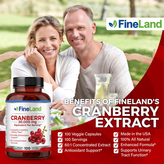 FineLand Cranberry Extract bottle side shows vegan, non-GMO formula for clean daily use.