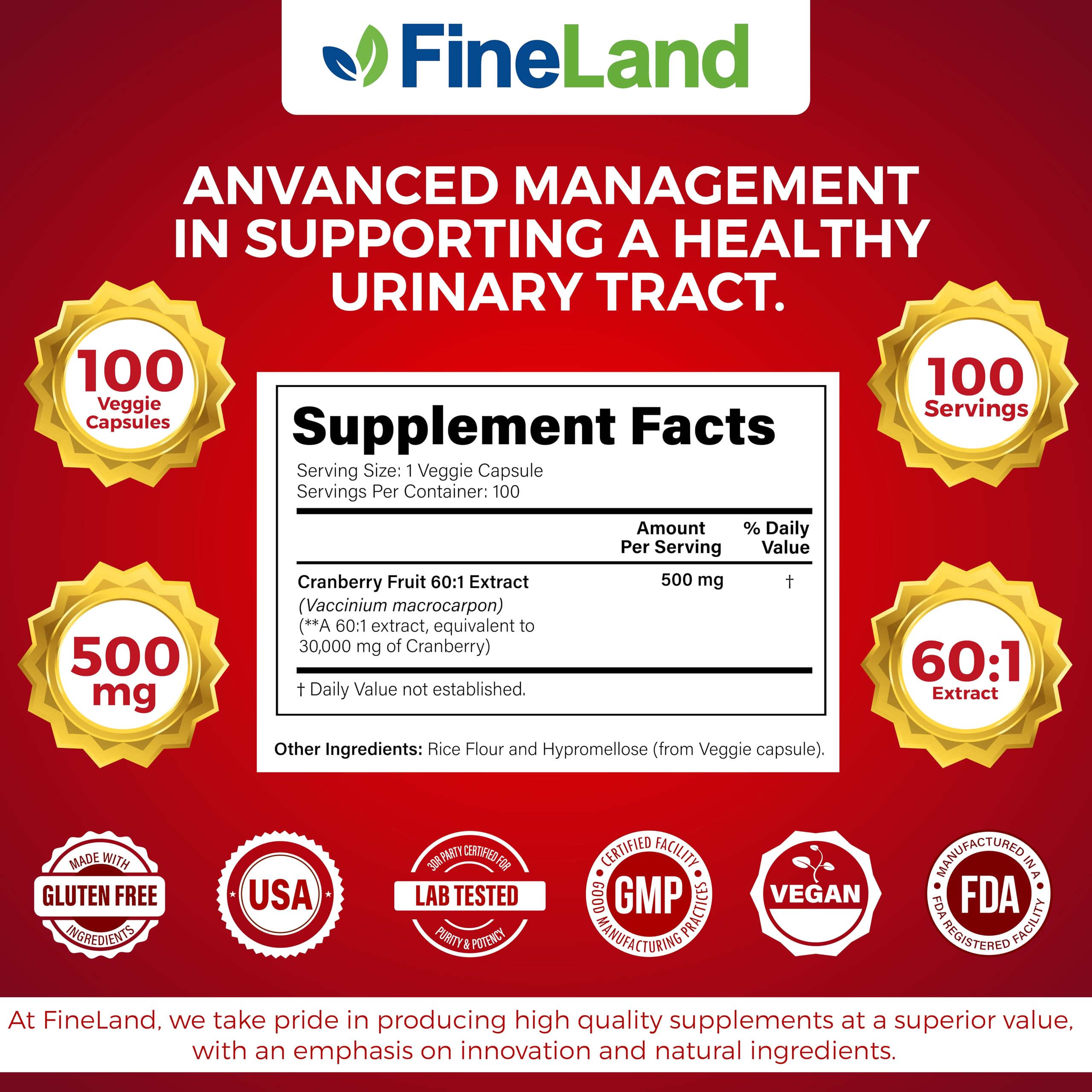 FineLand Cranberry Extract bottle with glass suggests convenient, daily urinary tract support.