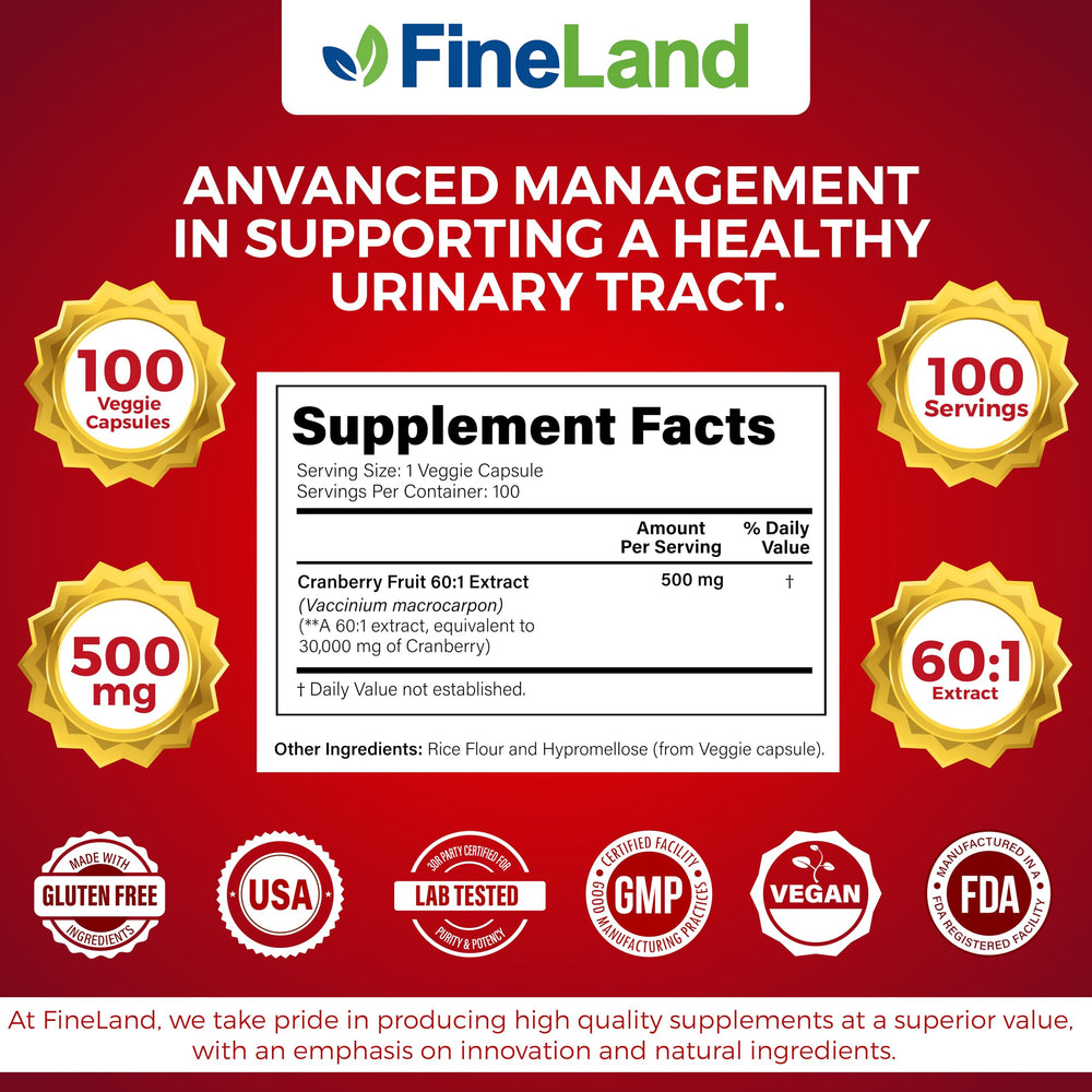 FineLand Cranberry Extract bottle with glass suggests convenient, daily urinary tract support.