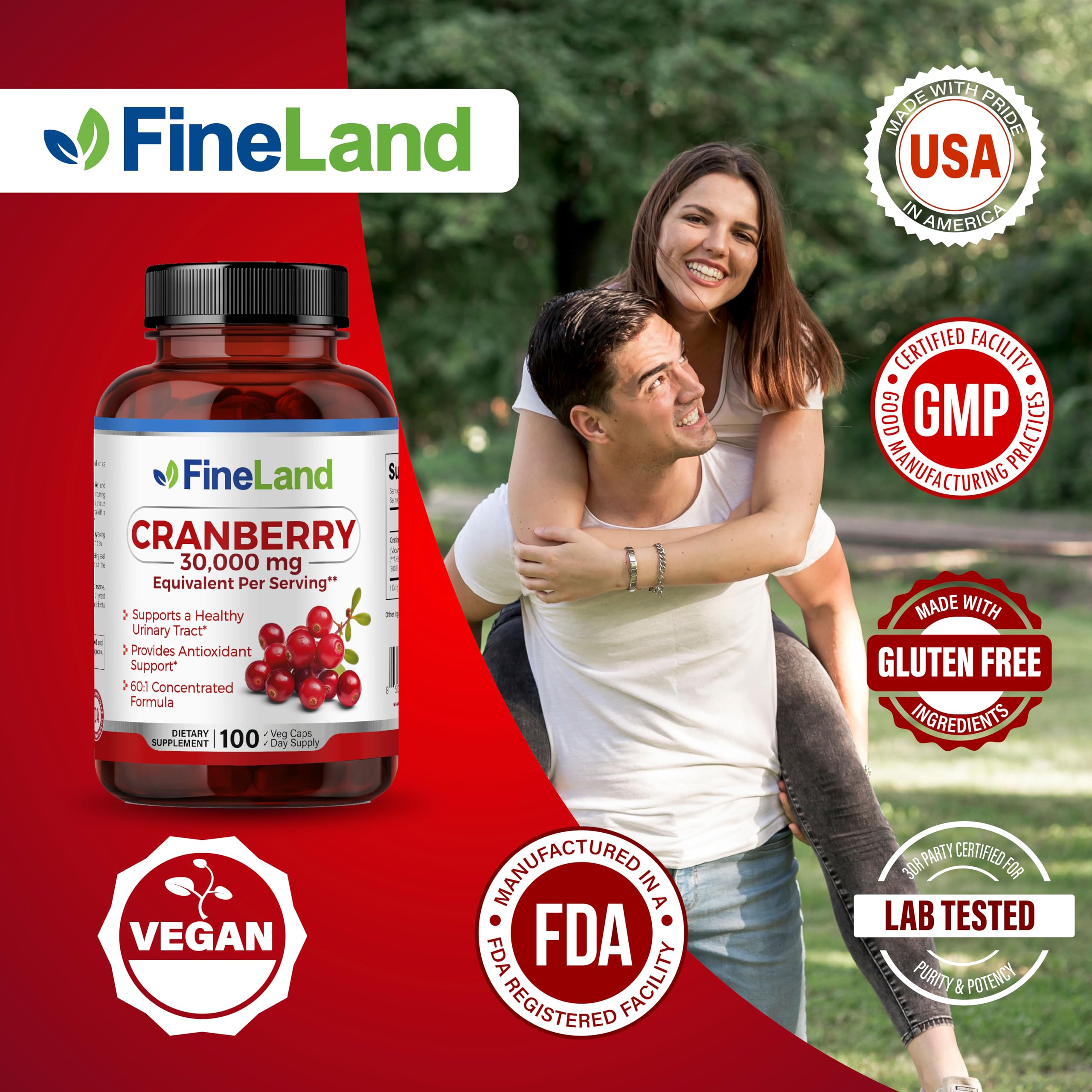 FineLand Cranberry Extract vegan capsule closeup highlights allergen-free design.