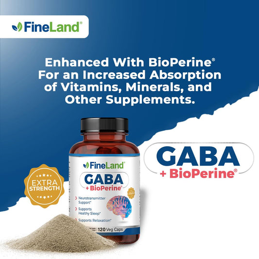 FineLand GABA capsules closeup highlighting vegan formula and purity.