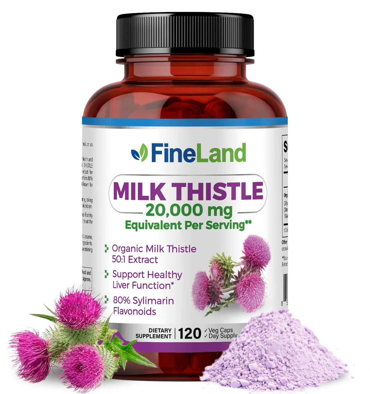 FineLand Milk Thistle bottle with 120 vegan capsules for liver support.