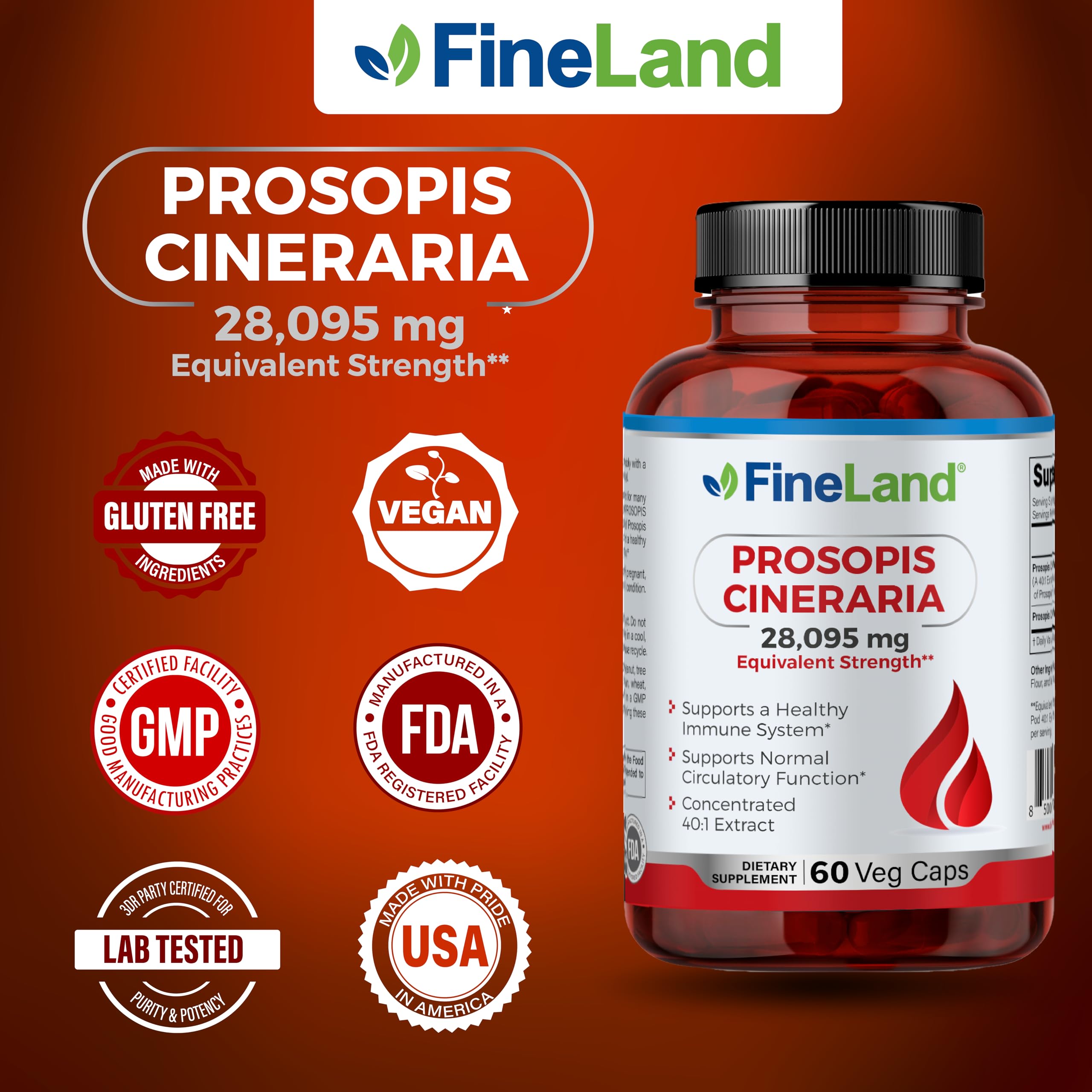 FineLand Prosopis Cineraria packaging and bottle highlight quality and safety