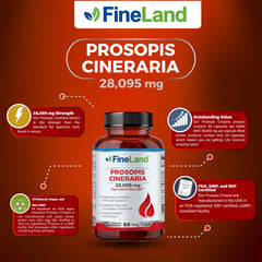Close-up of FineLand Prosopis Cineraria 40:1 extract label on bottle