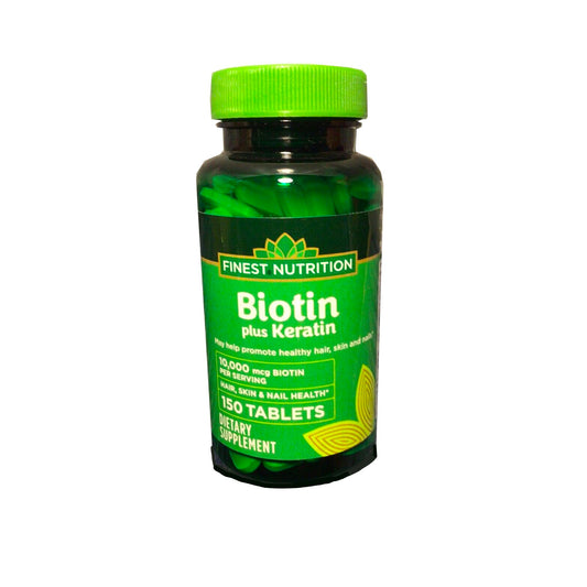 Finest Nutrition Biotin + Keratin bottle for daily hair and nails use.