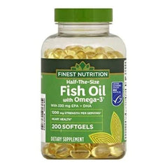 Finest Nutrition Half-The-Size Fish Oil bottle with easy-to-swallow softgels for daily use.